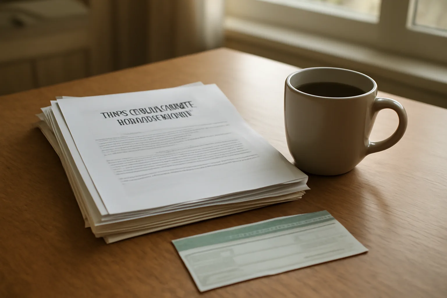 Timeshare contract papers and certified mail receipt on a kitchen table in morning light