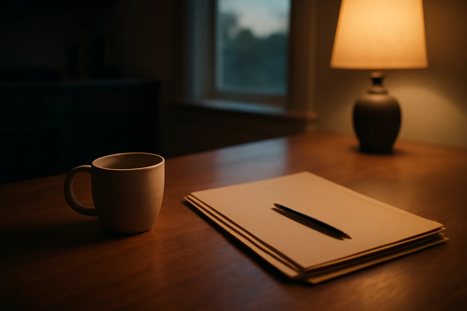 Kitchen table with folder of documents, coffee cup, and pen under lamp light