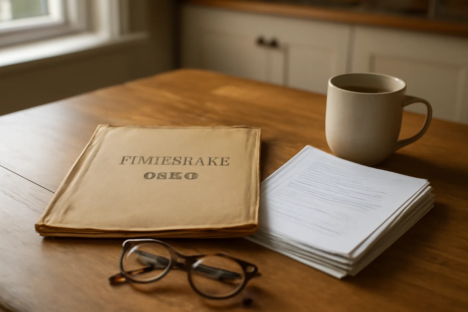Timeshare paperwork and maintenance fee statements on a kitchen table in morning light