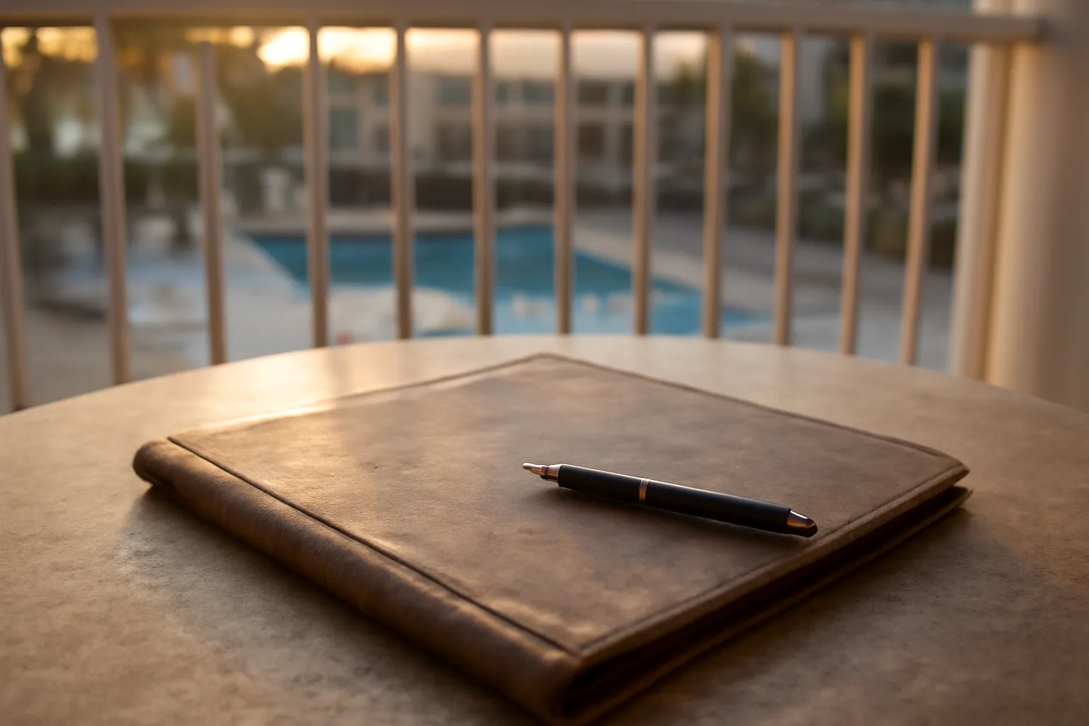 Contract folder and pen on a balcony table, evoking exiting a timeshare agreement