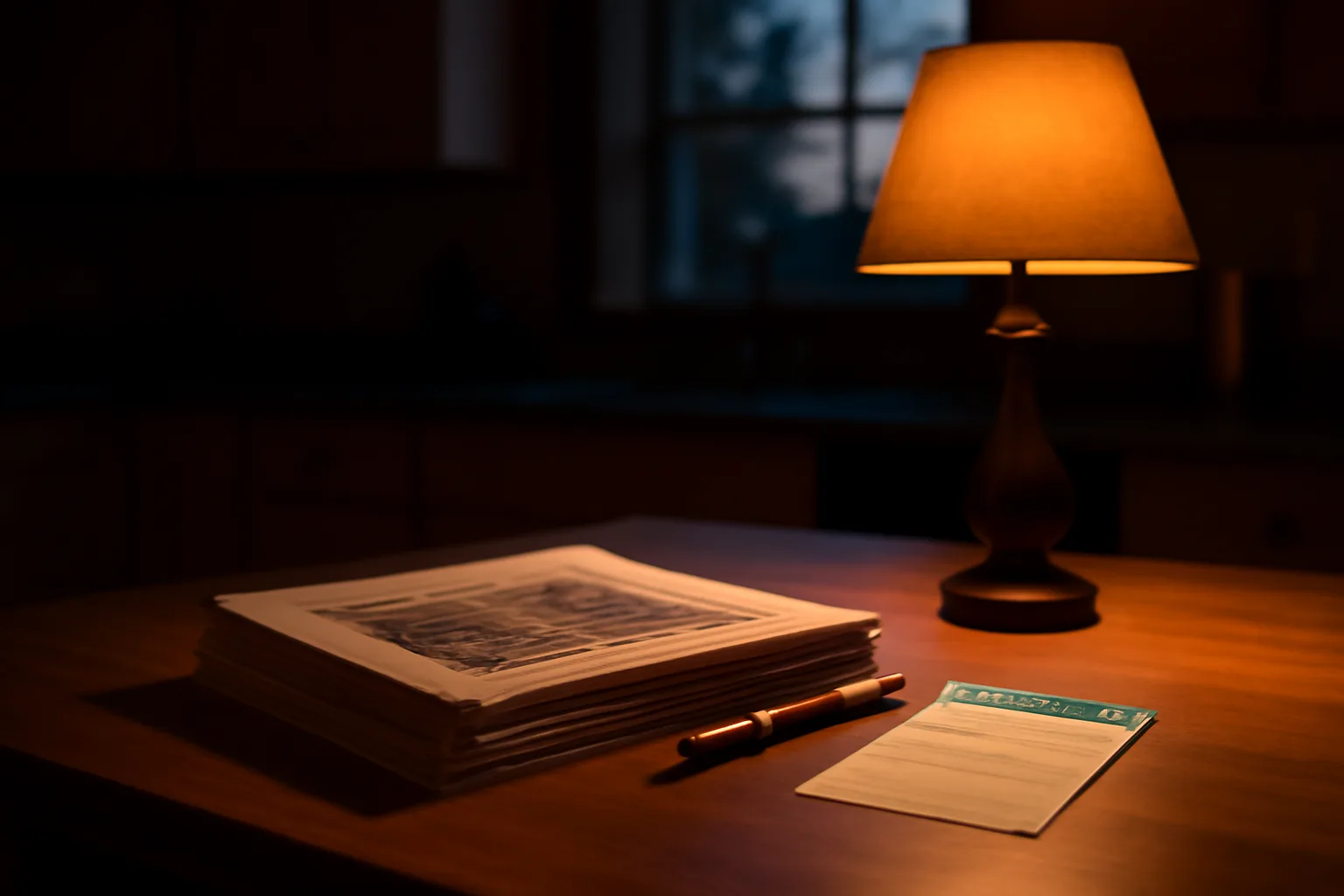 Timeshare paperwork and a pen on a kitchen table at dusk