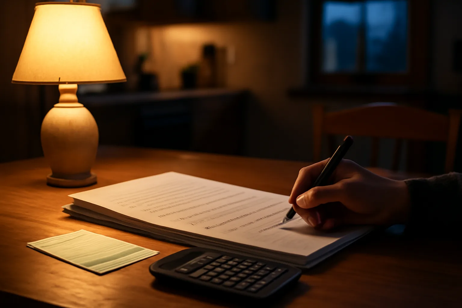 Hand holding a pen over timeshare loan paperwork at a kitchen table