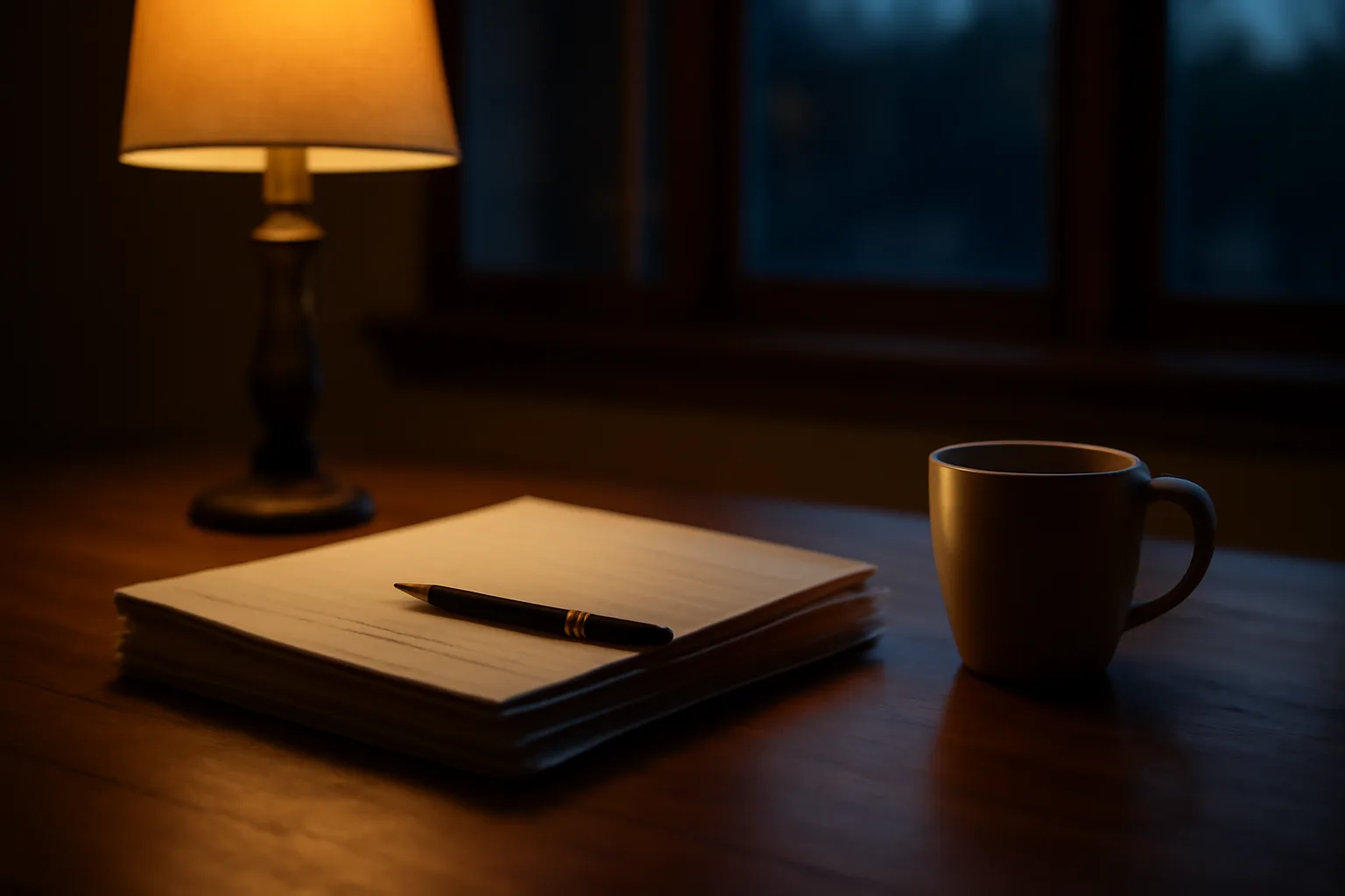 Contract paperwork and coffee on a kitchen table at dusk