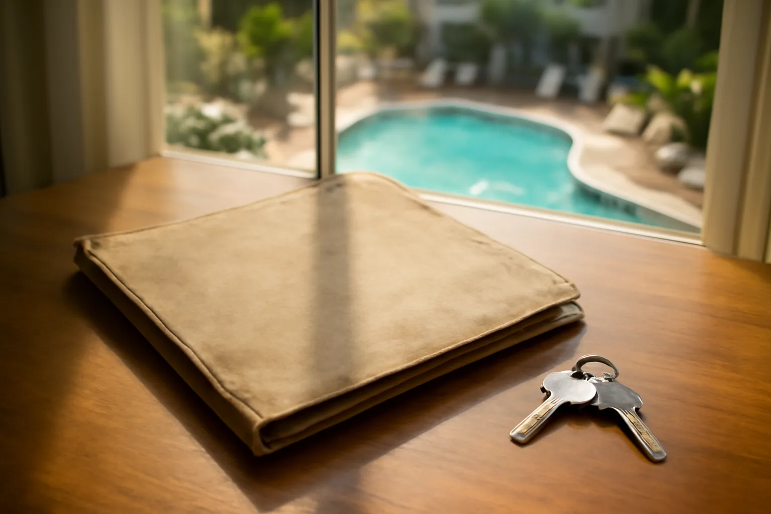 Timeshare deed folder and condo keys on a table near a resort pool view