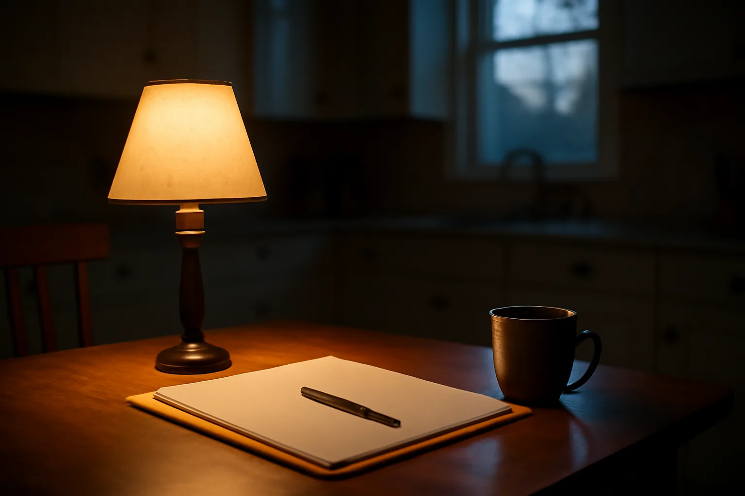 Kitchen table with paperwork folder and lamp, representing a timeshare exit decision