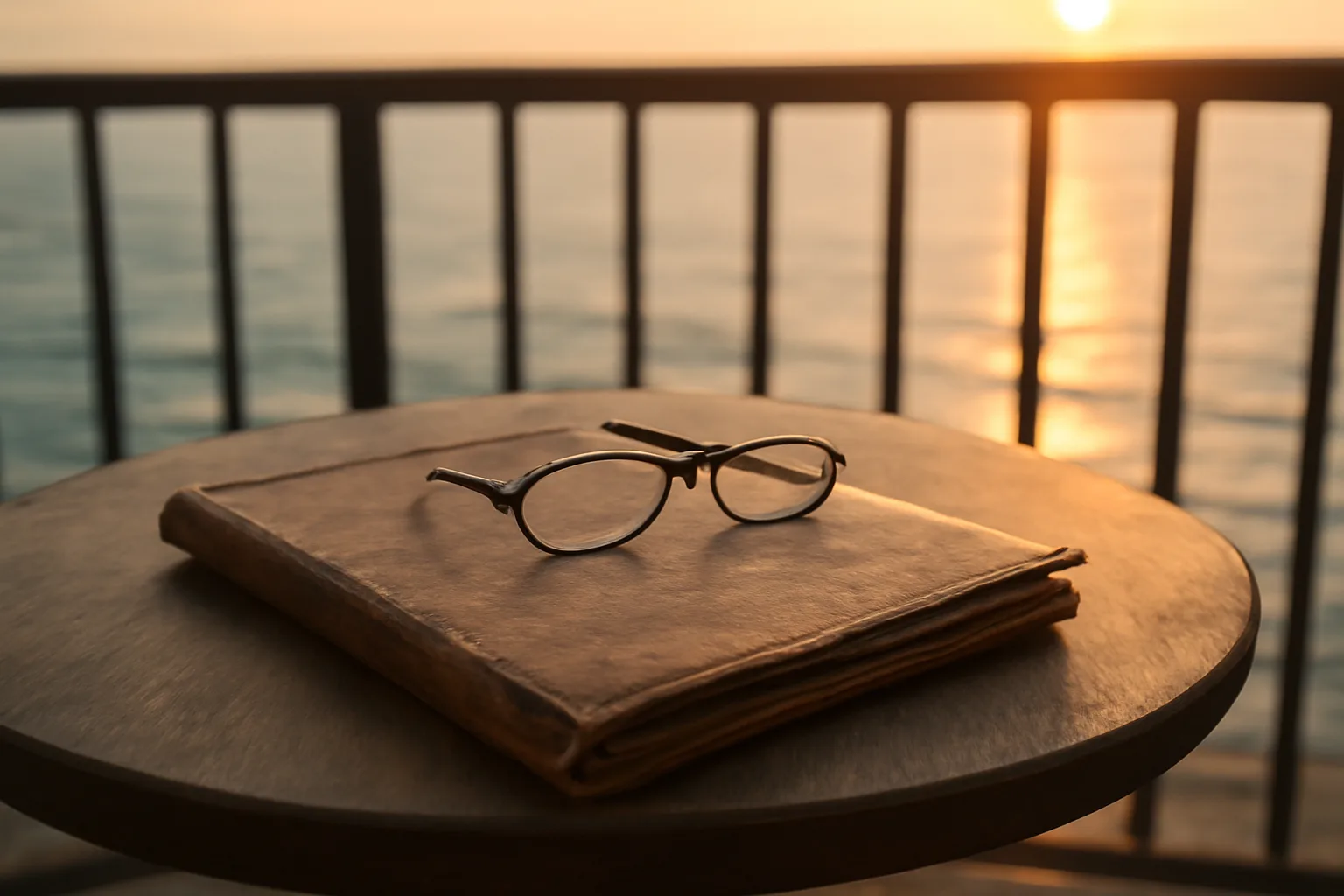 Contract folder and reading glasses on an oceanfront balcony table at sunset