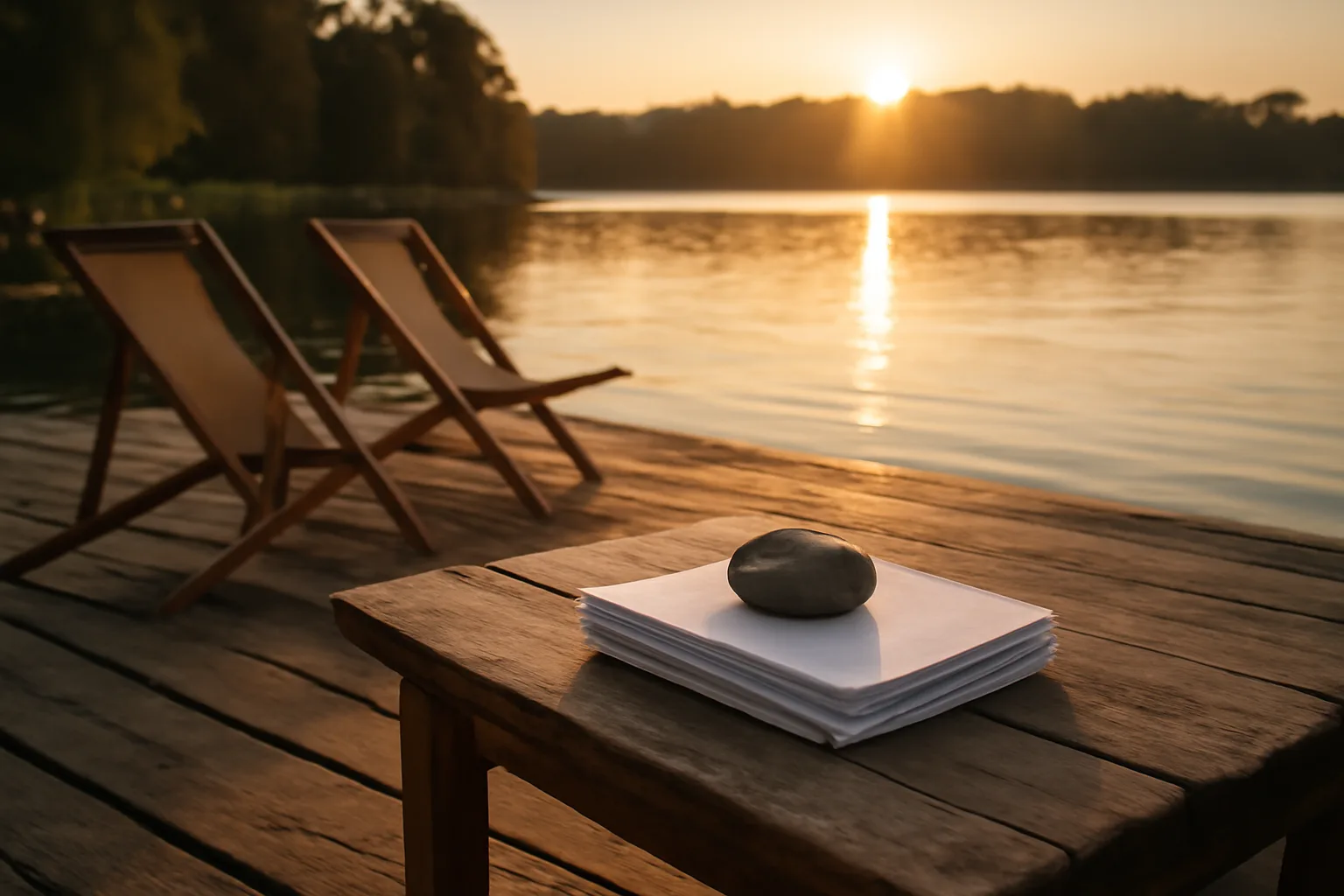 Empty resort dock at sunset with paperwork on a table, symbolizing a timeshare exit decision