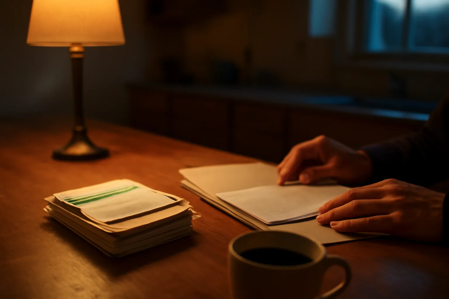 Hands reviewing timeshare exit paperwork at a kitchen table with mail receipts