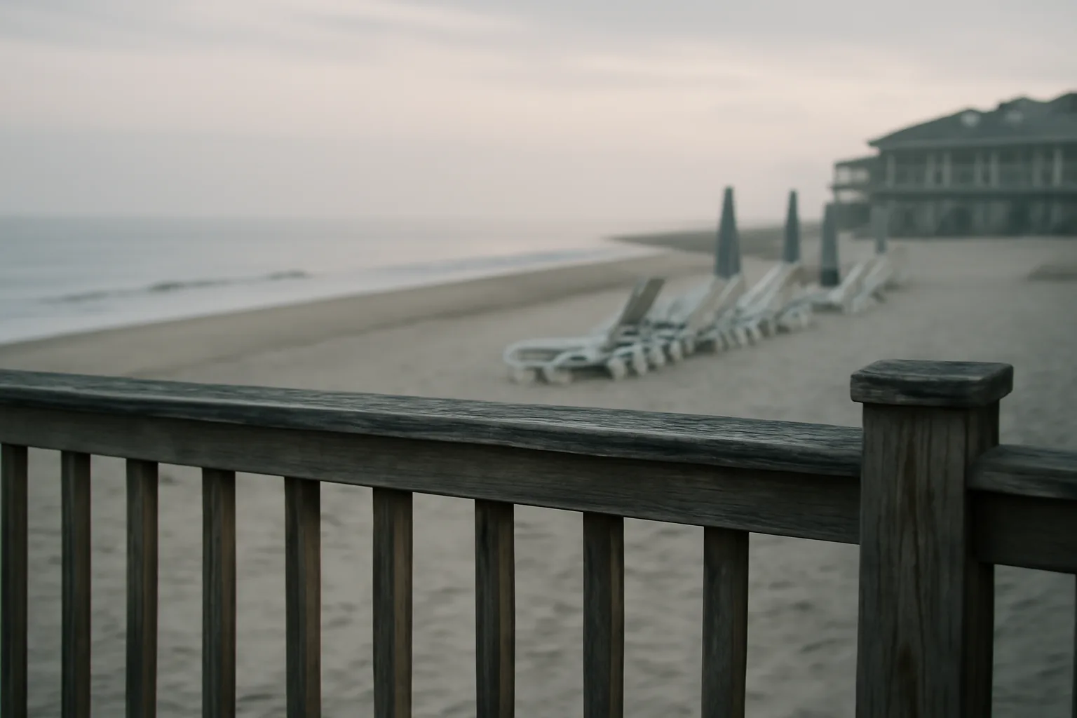 Empty off-season resort balcony overlooking a quiet beach at dawn