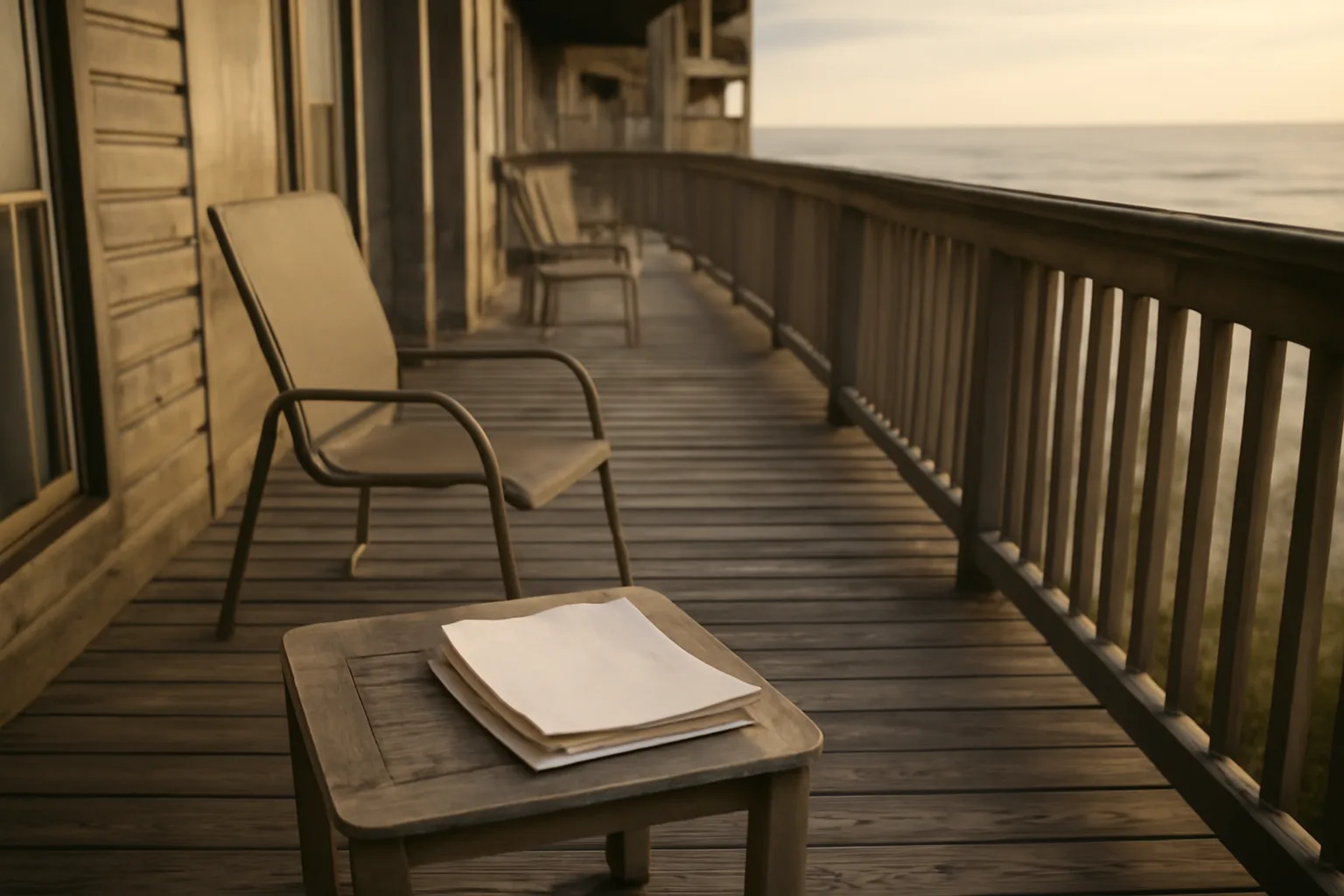 Empty resort balcony at sunrise representing timeshare ownership transfer decisions