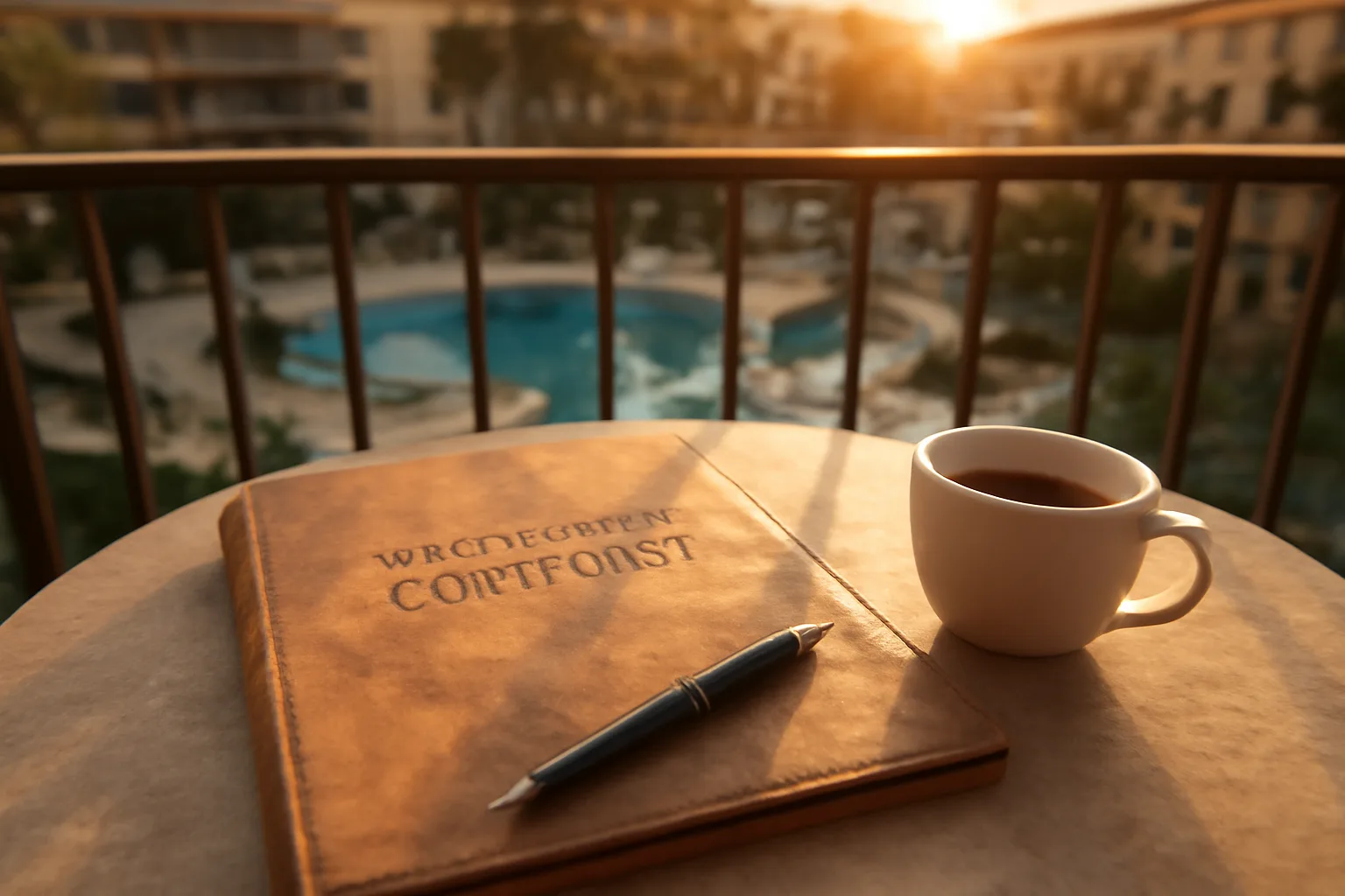 Contract folder and pen on a resort balcony table at sunset, symbolizing a timeshare exit decision