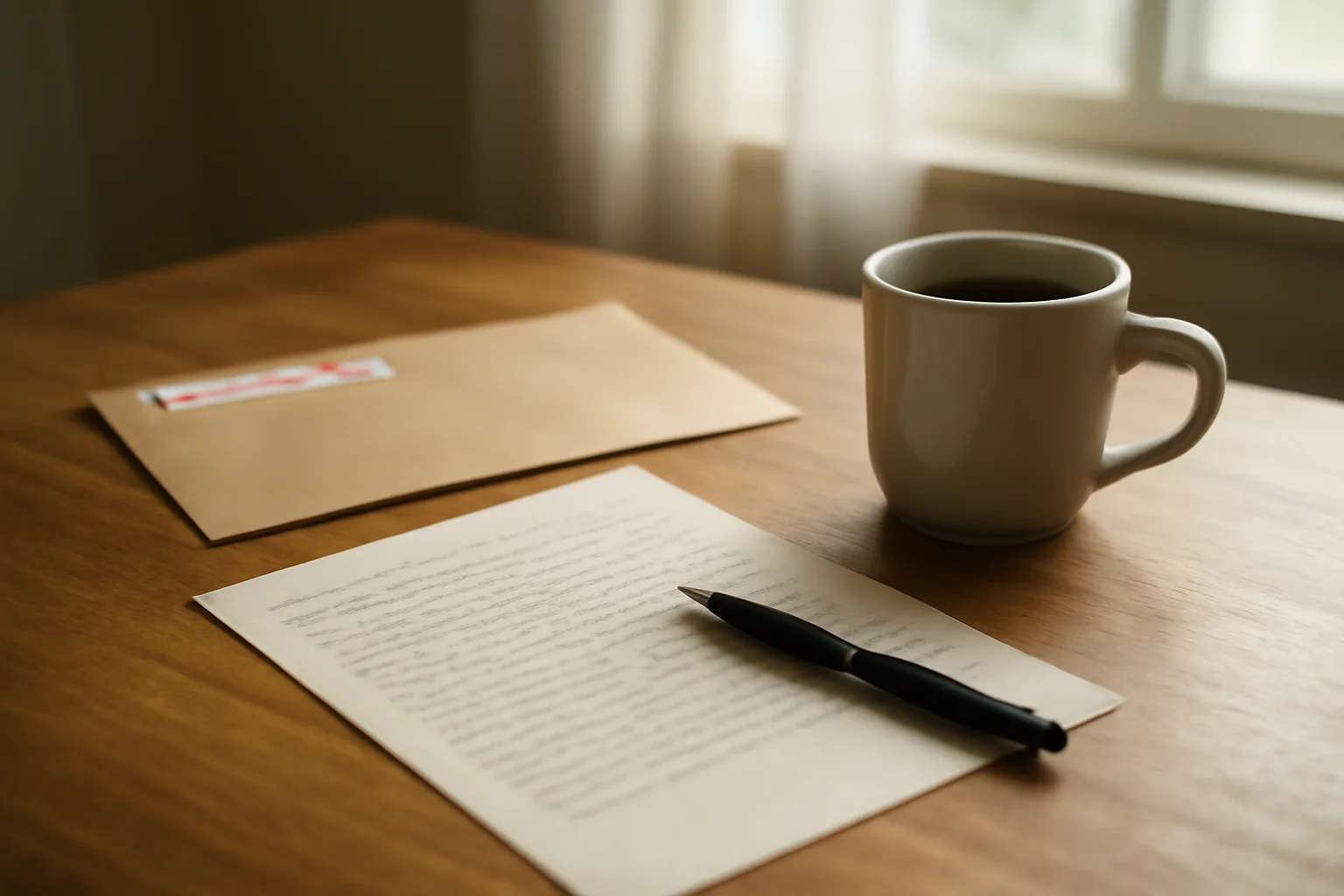 Handwritten letter and envelope on a kitchen table, morning light, timeshare exit correspondence