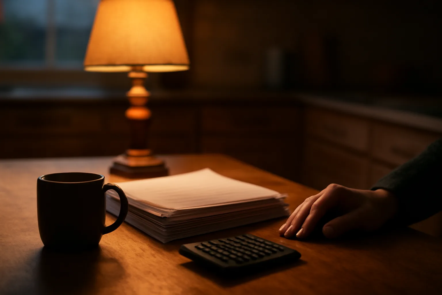 Homeowner reviewing timeshare paperwork at a kitchen table with a calculator