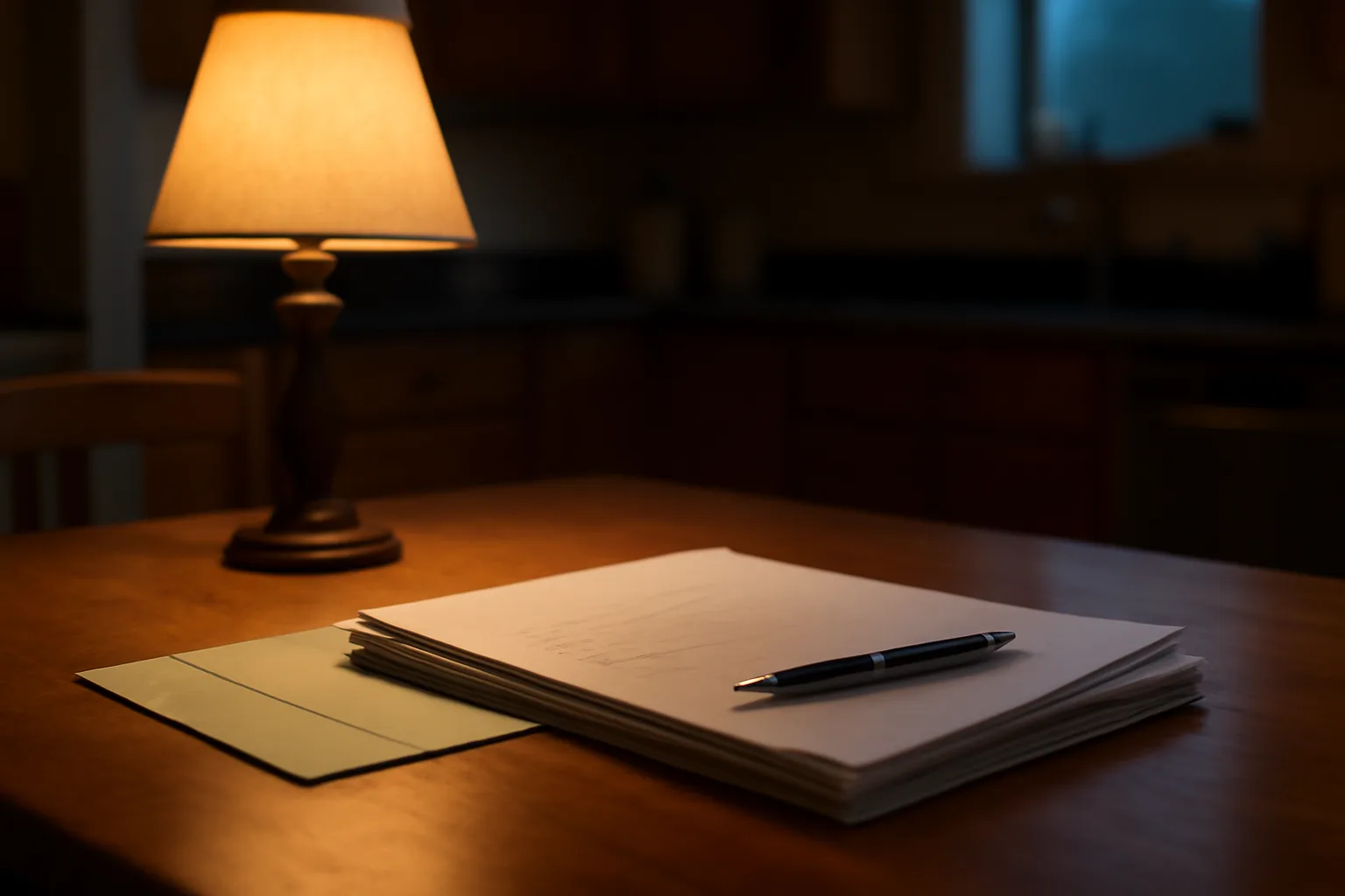 Timeshare contract paperwork and pen on a kitchen table under lamp light