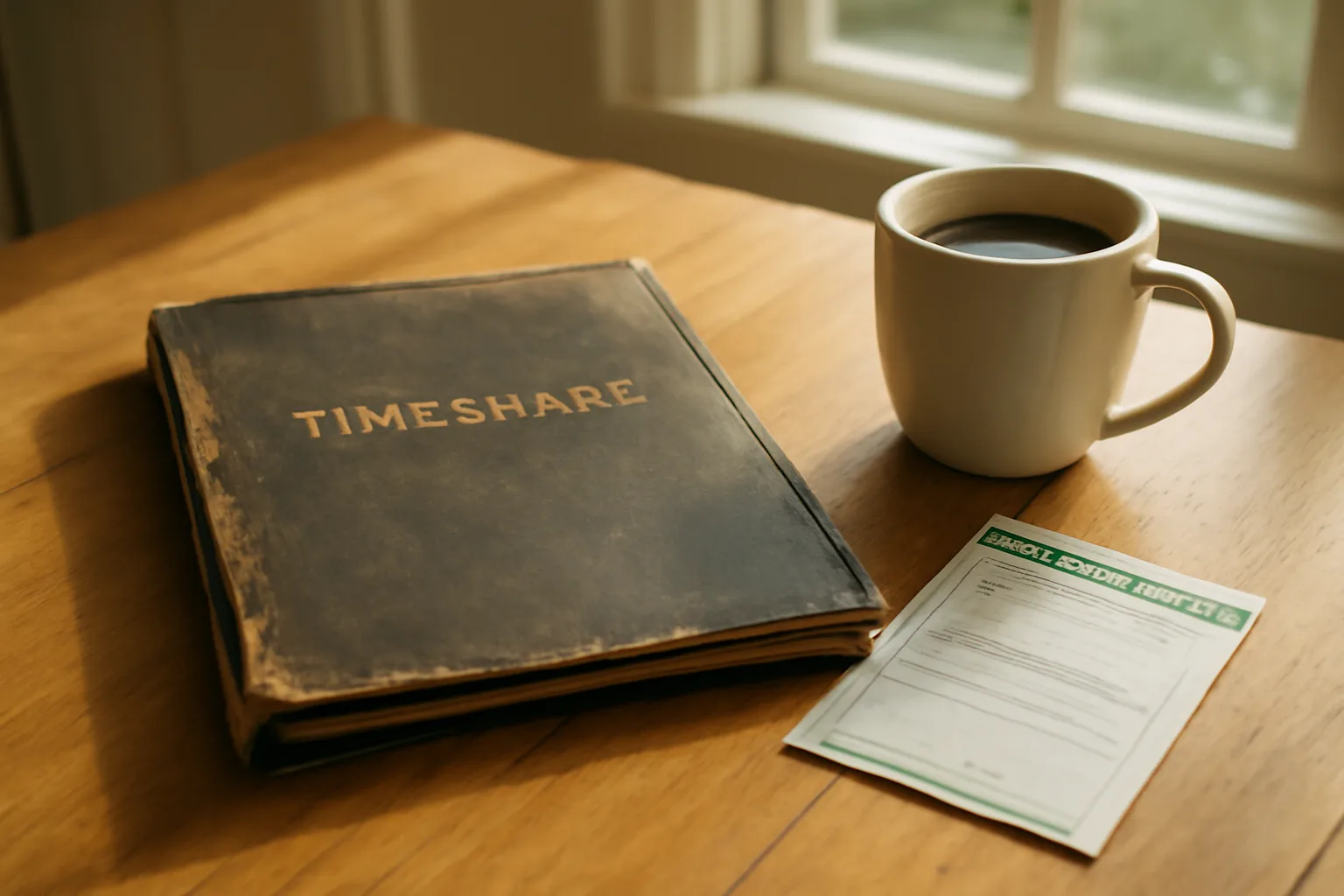 Timeshare contract papers and certified mail receipt on a kitchen table in morning light