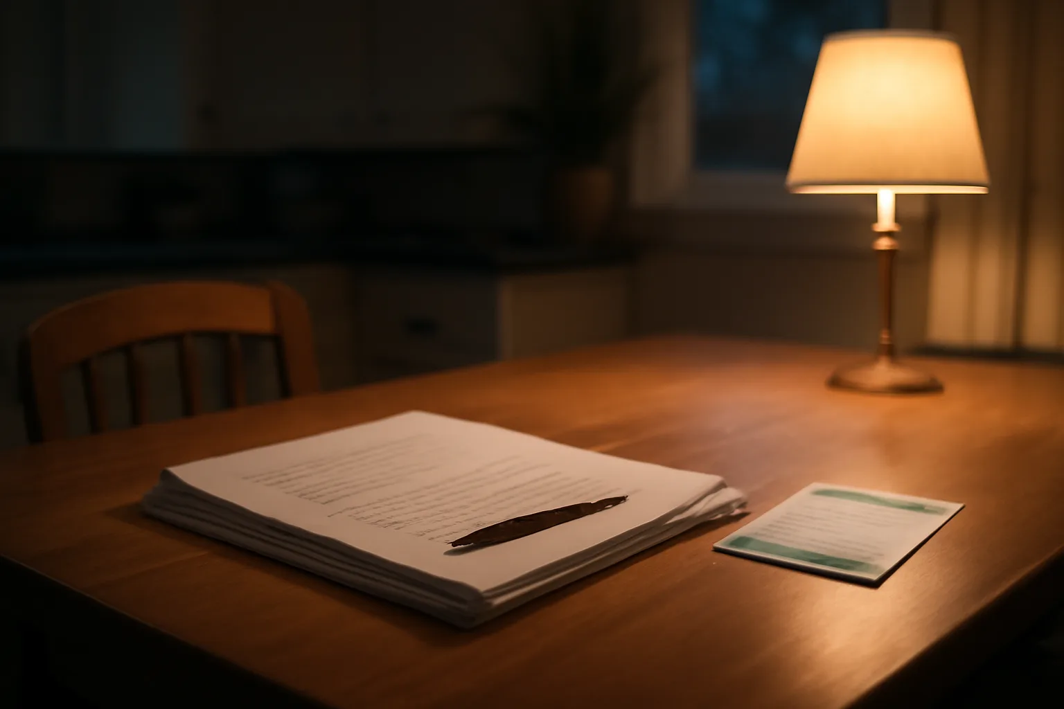 Contract papers and a pen on a kitchen table representing mortgage and timeshare rescission decisions