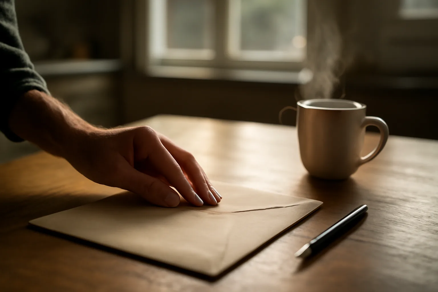 Hand sealing a certified mail envelope for a timeshare rescission letter at a kitchen table