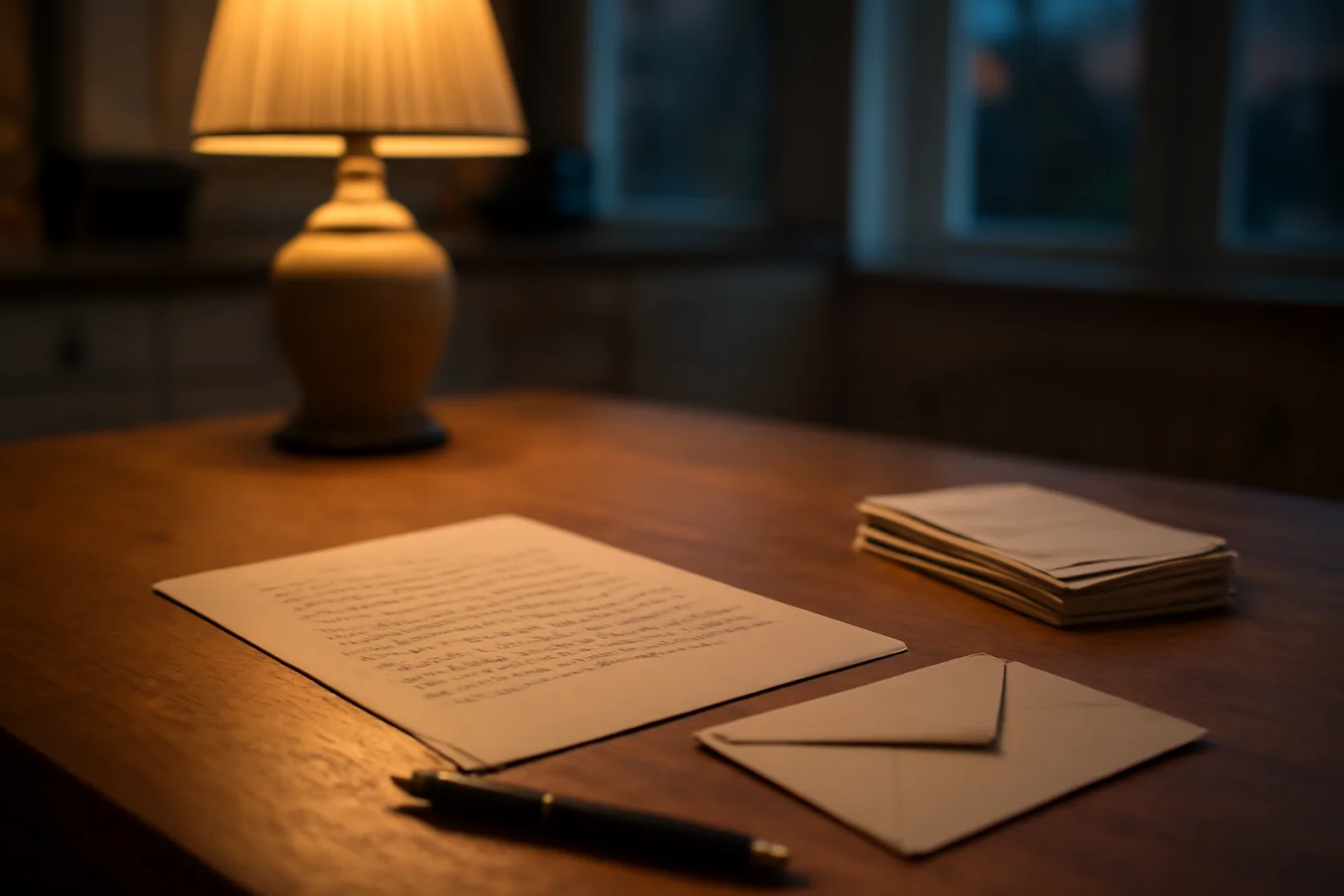 A rescission letter and certified mail receipts on a kitchen table at night