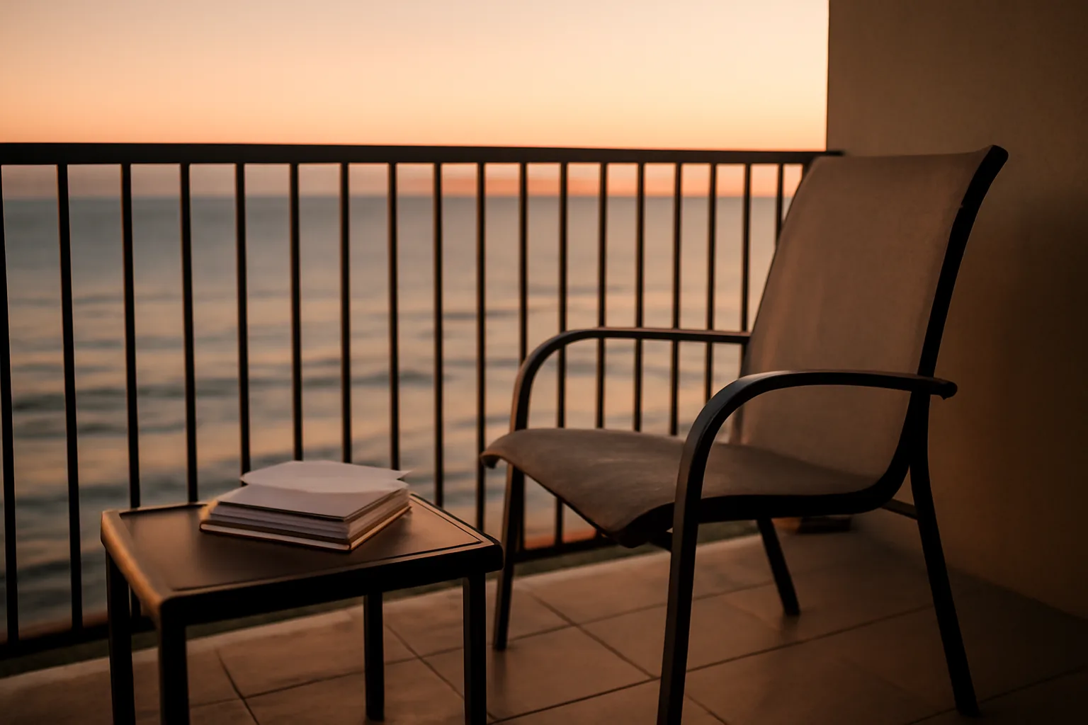Empty timeshare resort balcony at dusk with unopened mail on a side table