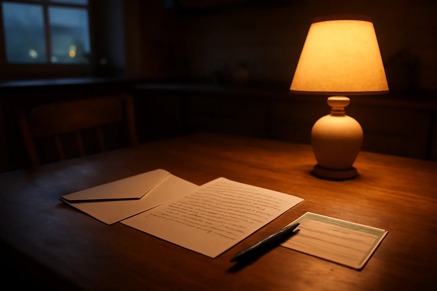 Handwritten cancellation letter and certified mail receipt on a kitchen table at dusk