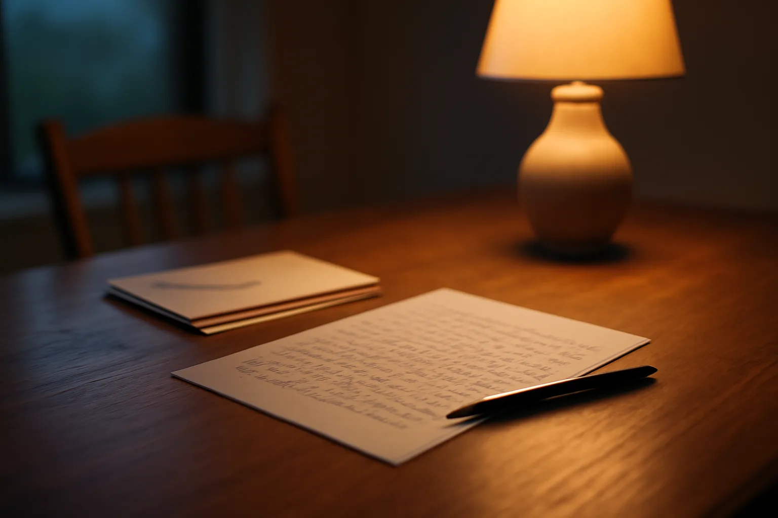 Handwritten cancellation letter and certified mail receipt on a kitchen table at dusk