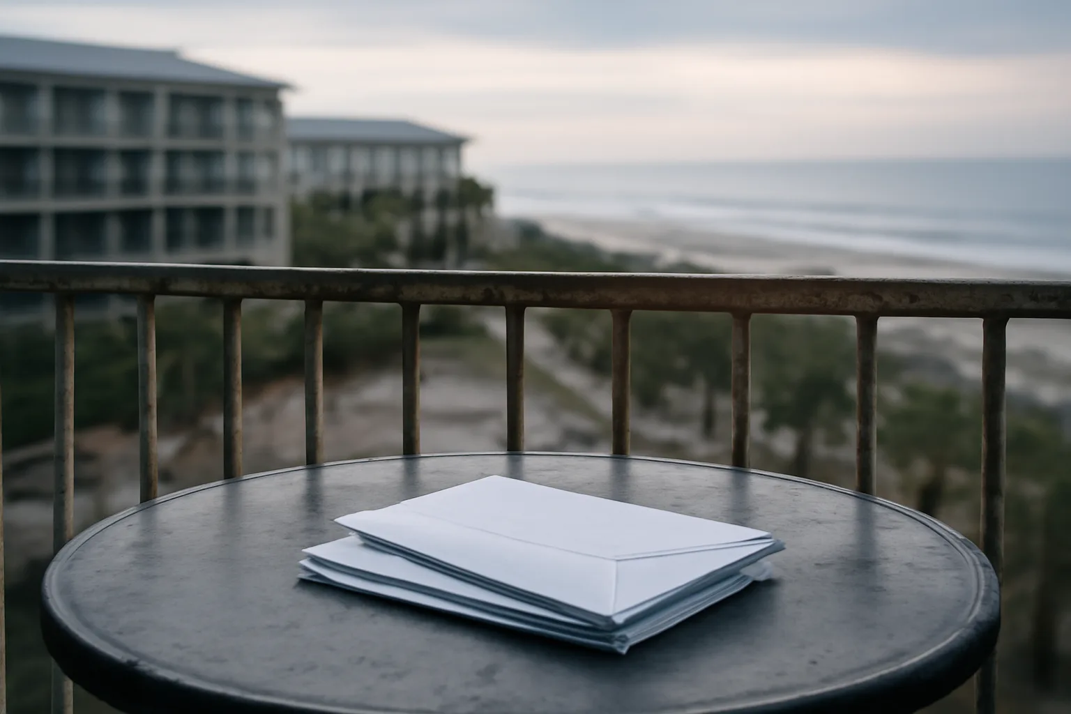 Quiet resort balcony at dawn with a stack of unopened envelopes on a table