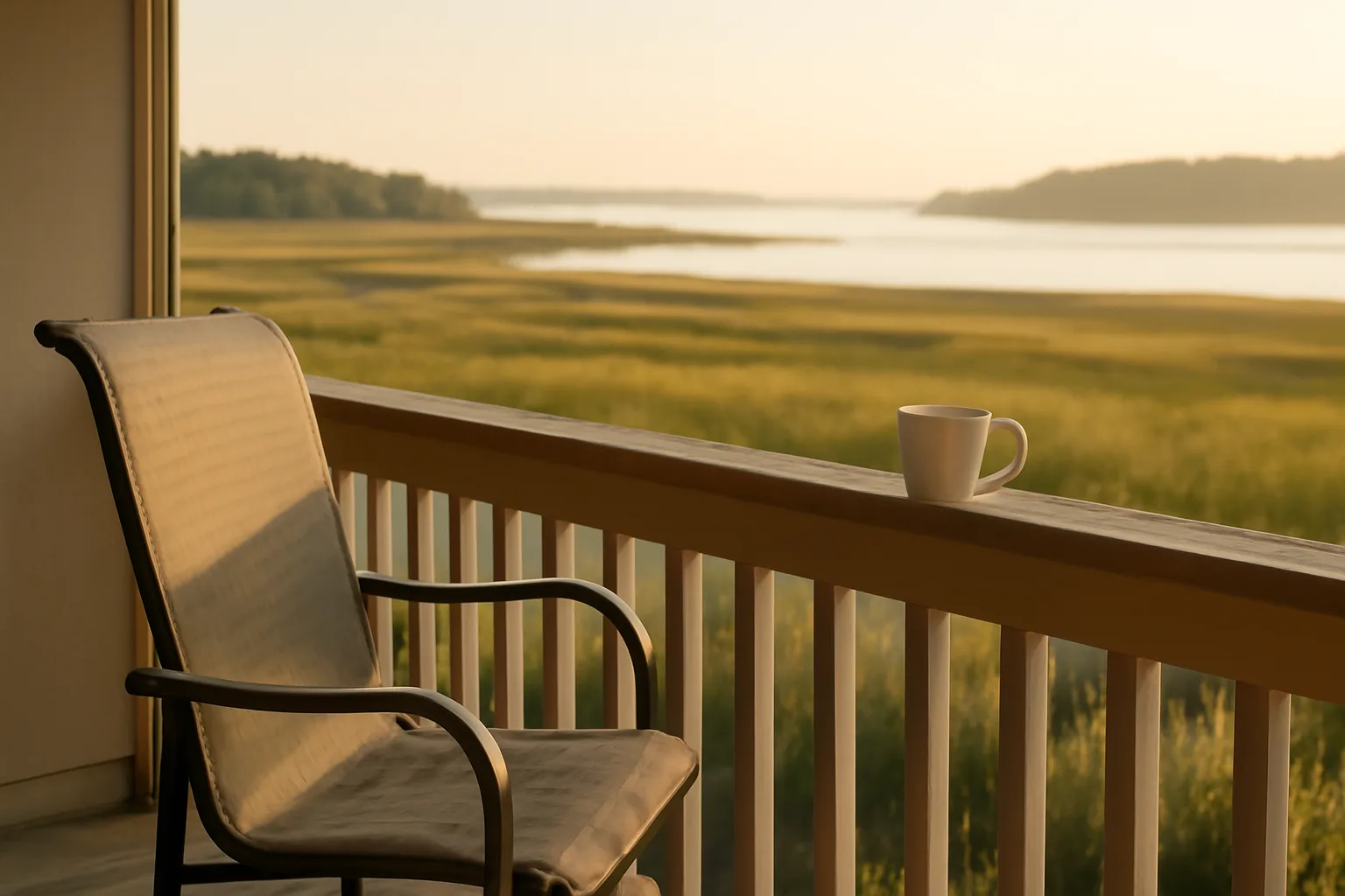 Empty balcony overlooking a South Carolina marsh at sunrise, symbolizing timeshare cancellation decisions