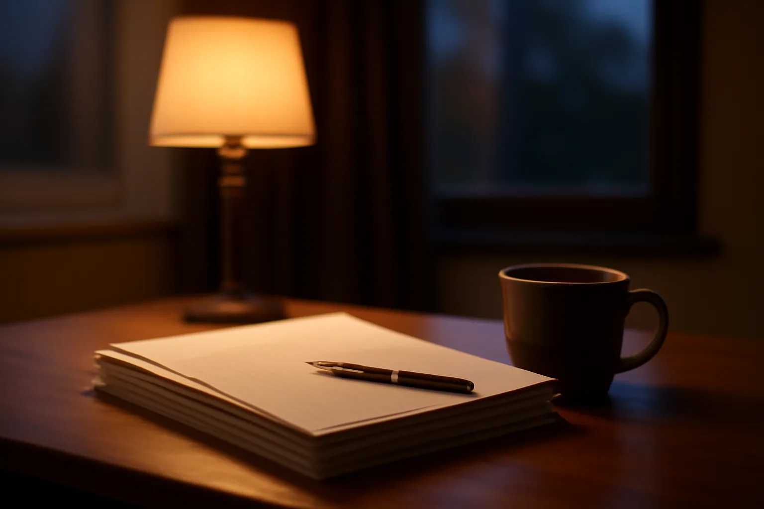Desk with timeshare contract papers and pen under warm lamp light