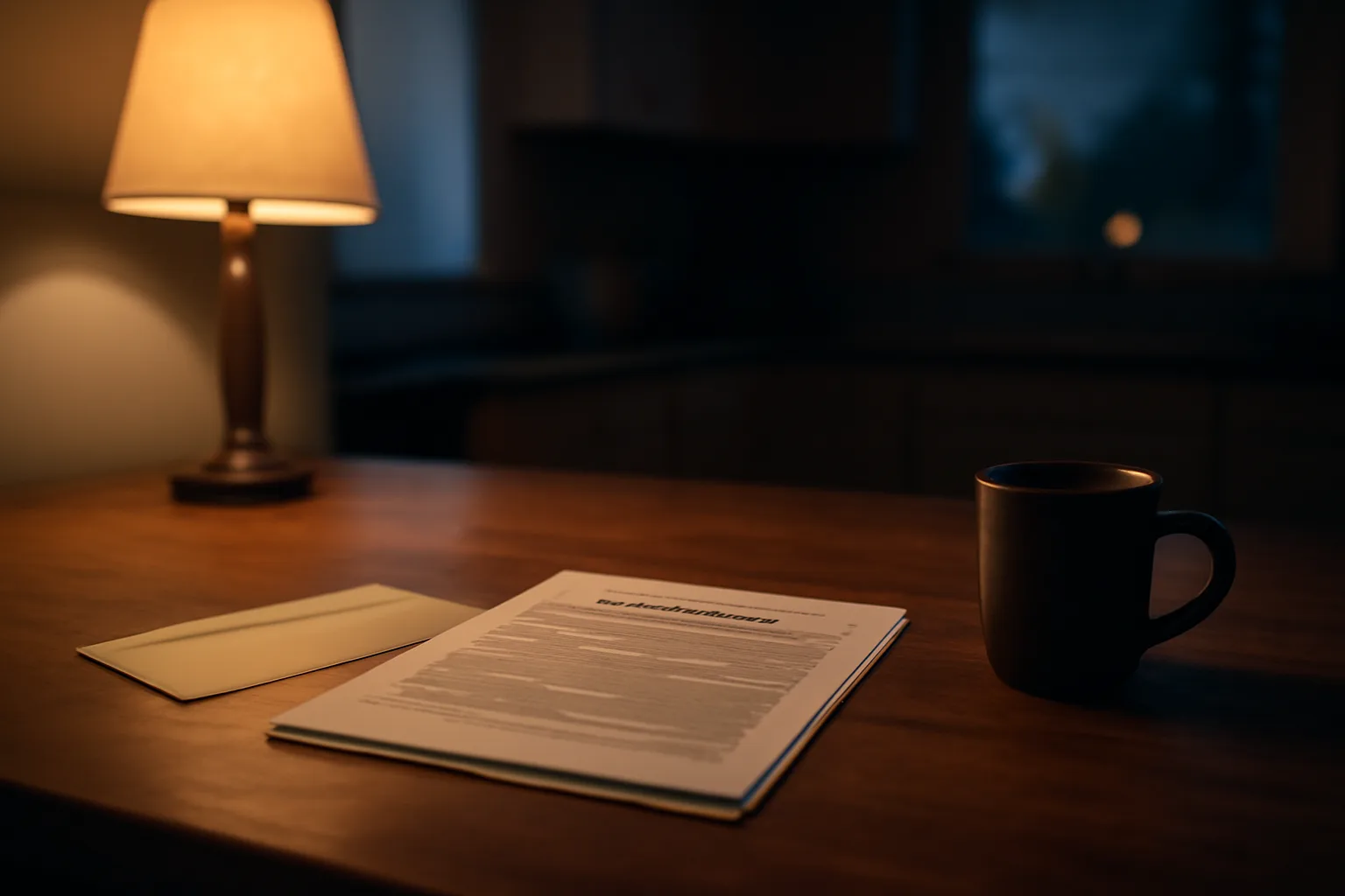 Timeshare deed documents and mail receipt on a kitchen table under lamp light