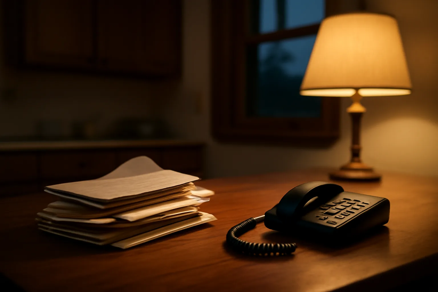 Stack of opened mail on a kitchen table beside a phone, evoking timeshare collection calls