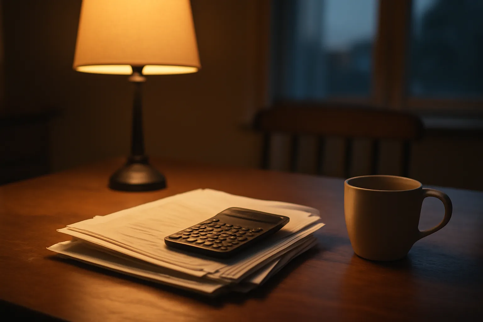 Kitchen table at night with bills and a calculator, evoking timeshare cost per month budgeting