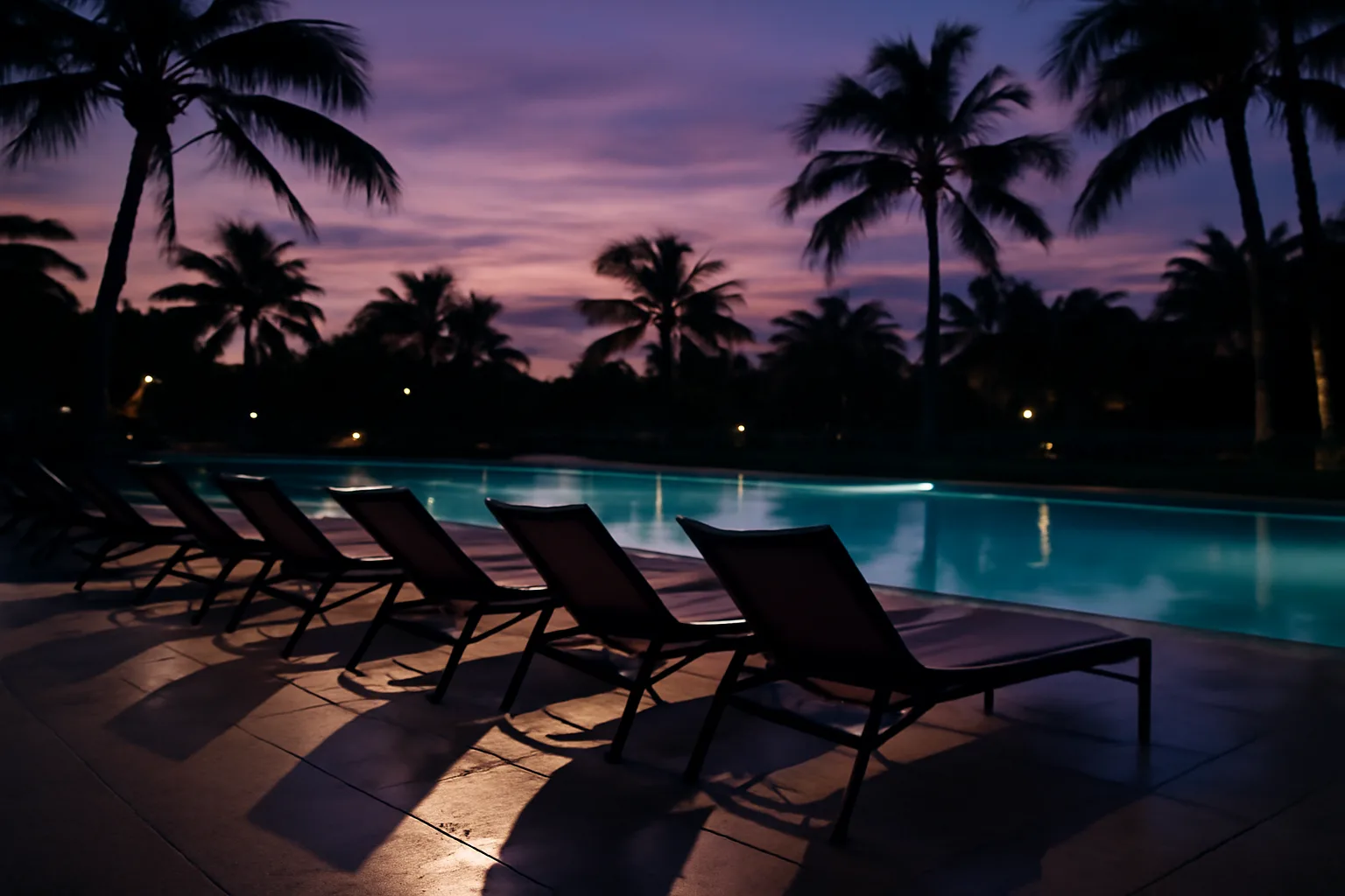 Empty resort pool deck at dusk with lounge chairs and palm trees