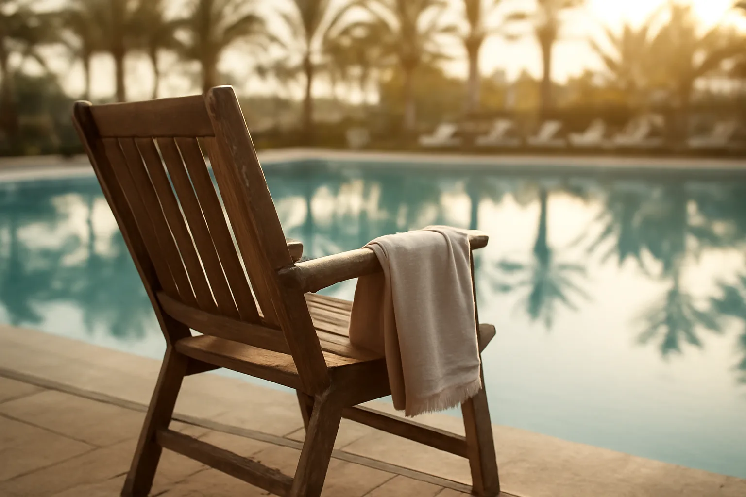 Empty resort pool chair at dawn symbolizing an owner trying to get out of a timeshare