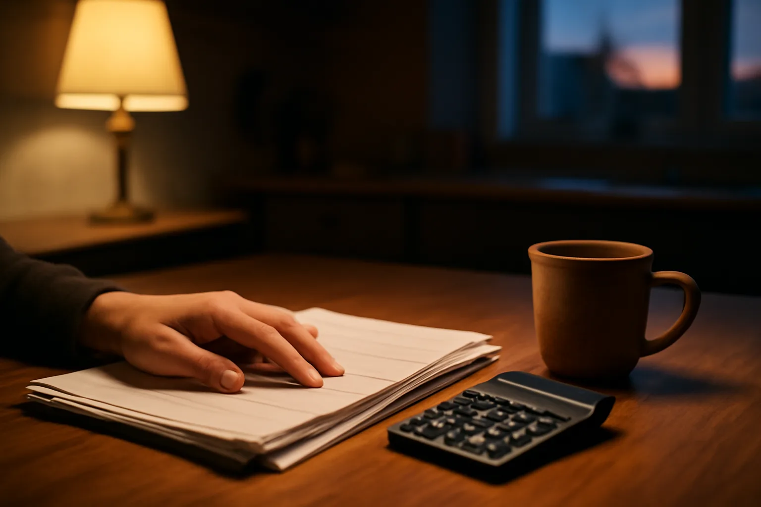 Owner reviewing timeshare maintenance fee paperwork at a kitchen table at night