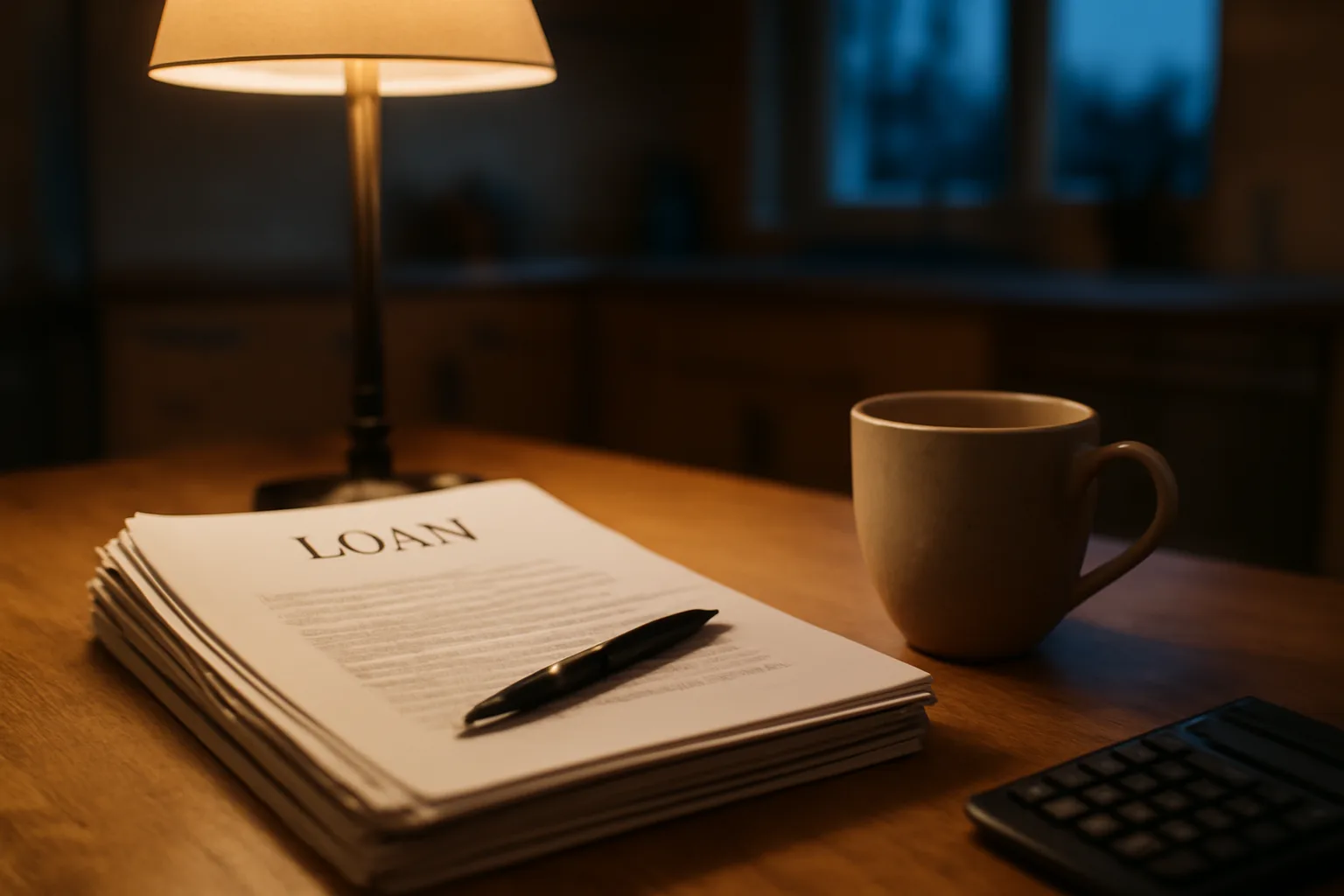 Kitchen table scene with loan paperwork and calculator representing a timeshare mortgage decision