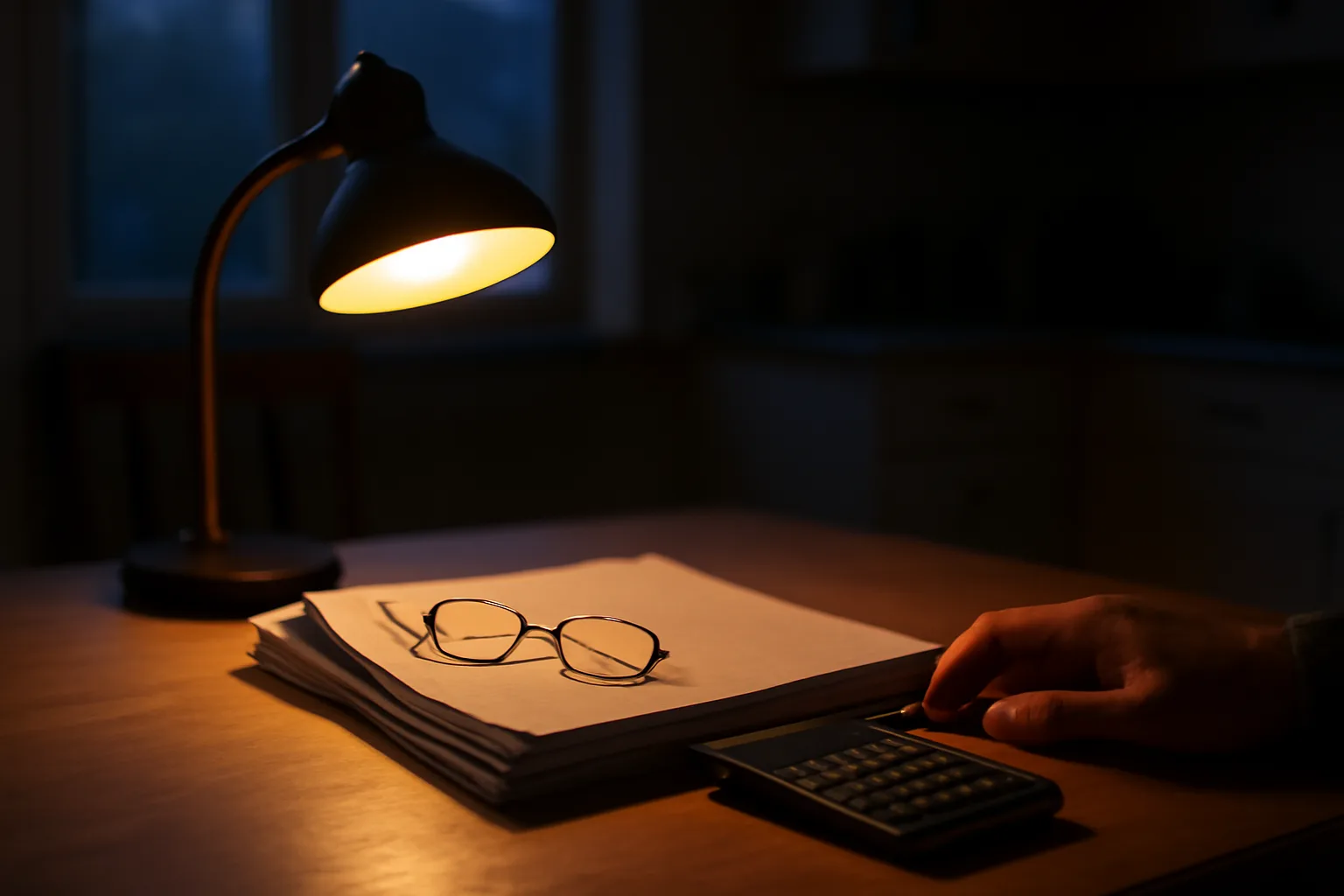 Homeowner reviewing timeshare mortgage documents and calculator at a kitchen table
