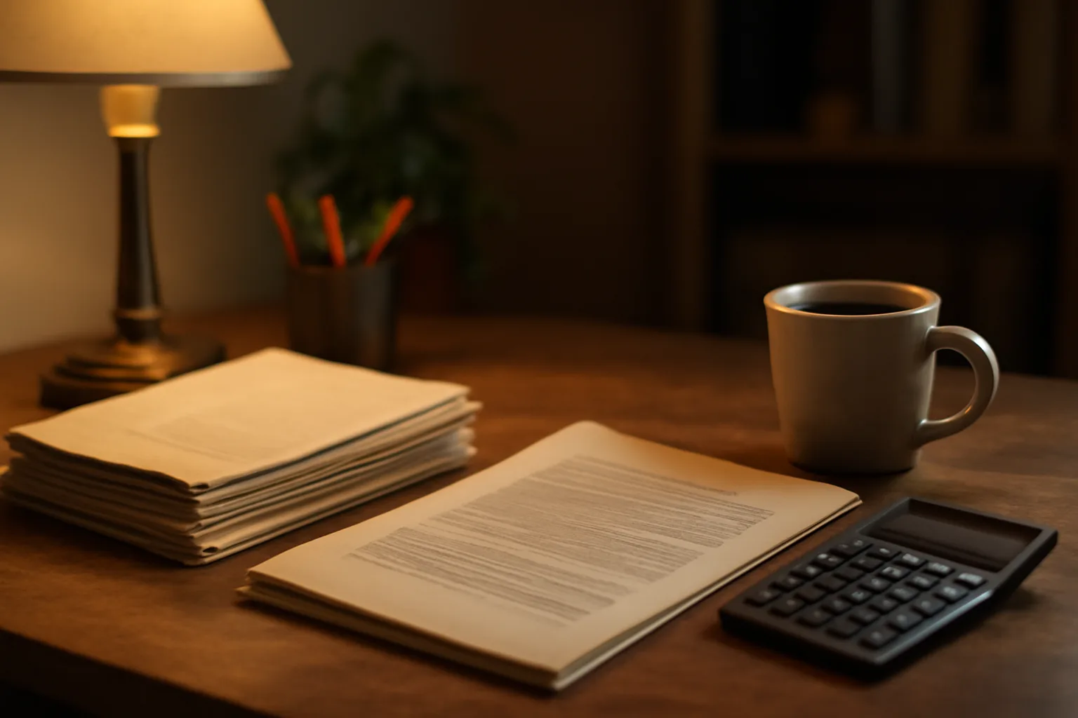 Home desk with paperwork and calculator representing timeshare termination decision-making