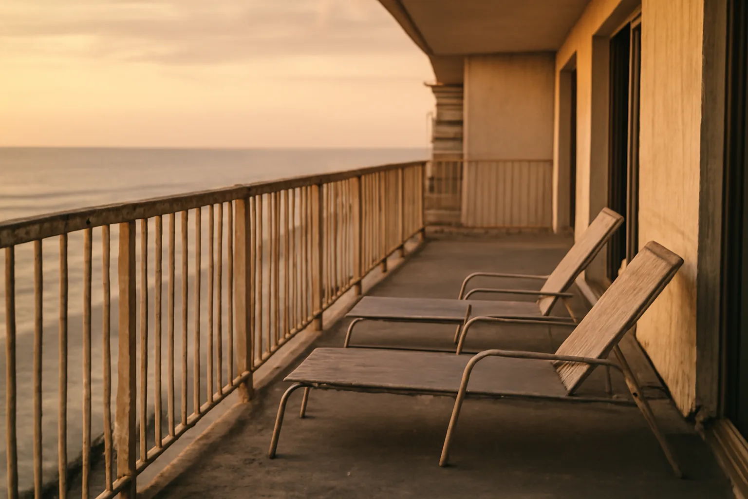 Empty balcony at an aging timeshare resort at sunset with worn railing