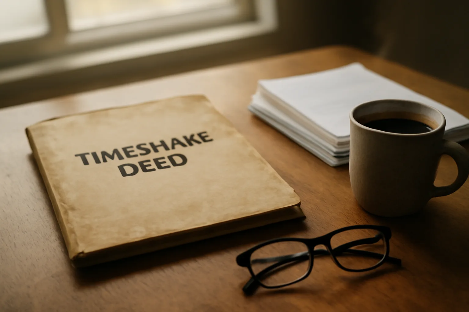 Kitchen table with timeshare paperwork and coffee in morning light