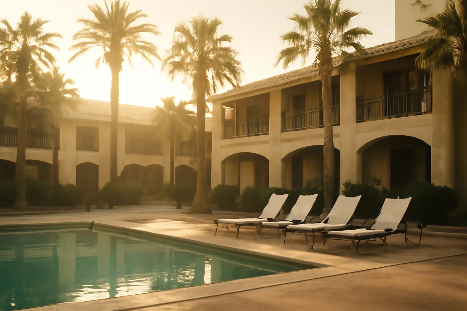 Empty resort pool courtyard at dawn, evoking a Vacation Village timeshare cancellation decision