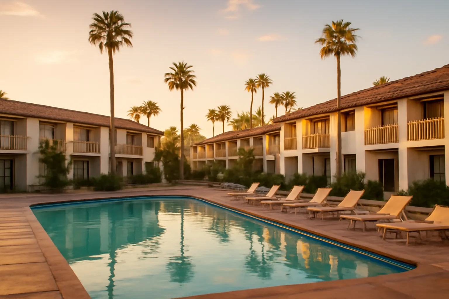 California timeshare resort exterior at sunset with pool and palm trees