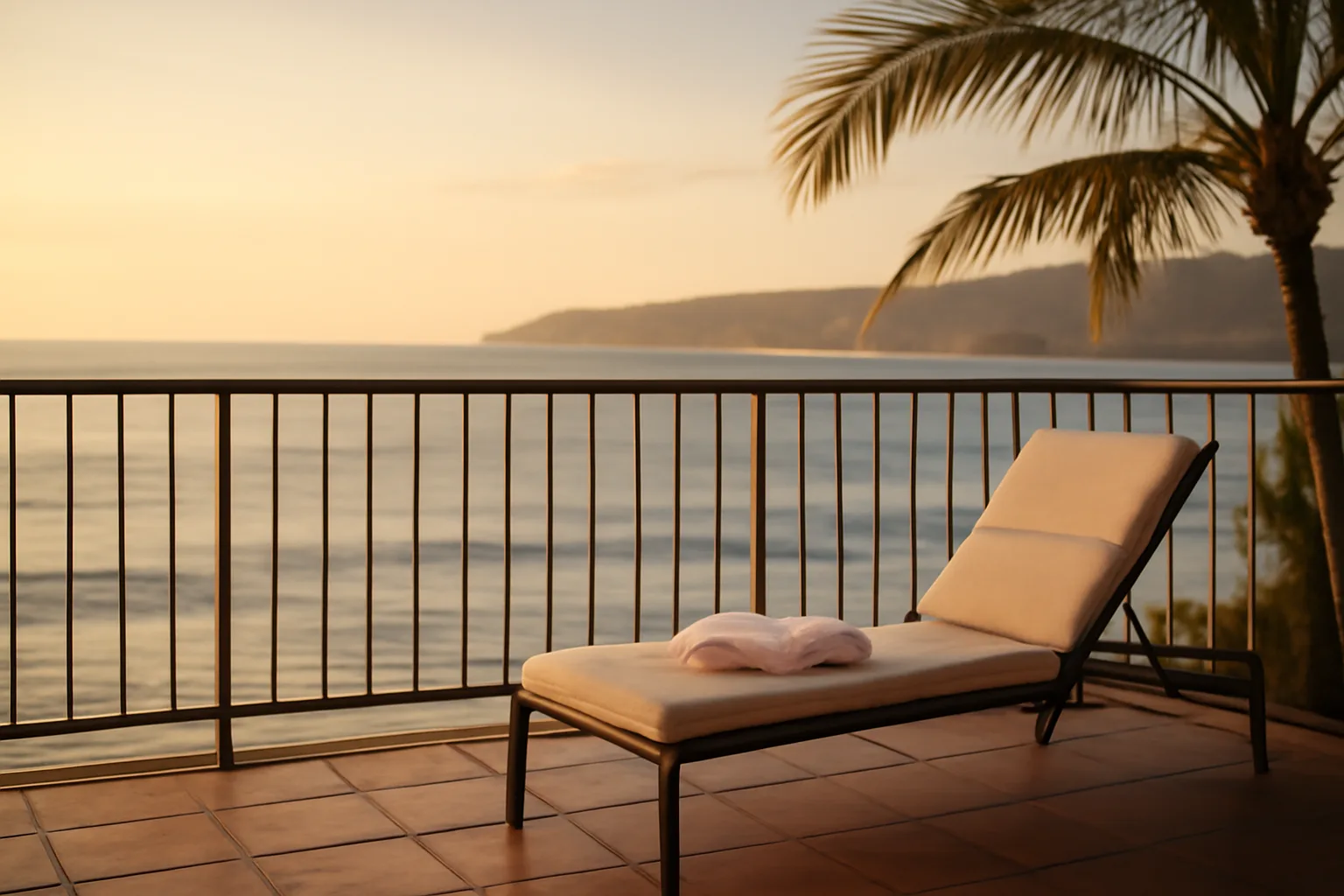 Empty resort balcony overlooking the Pacific coast at sunset, symbolizing timeshare ownership decisions