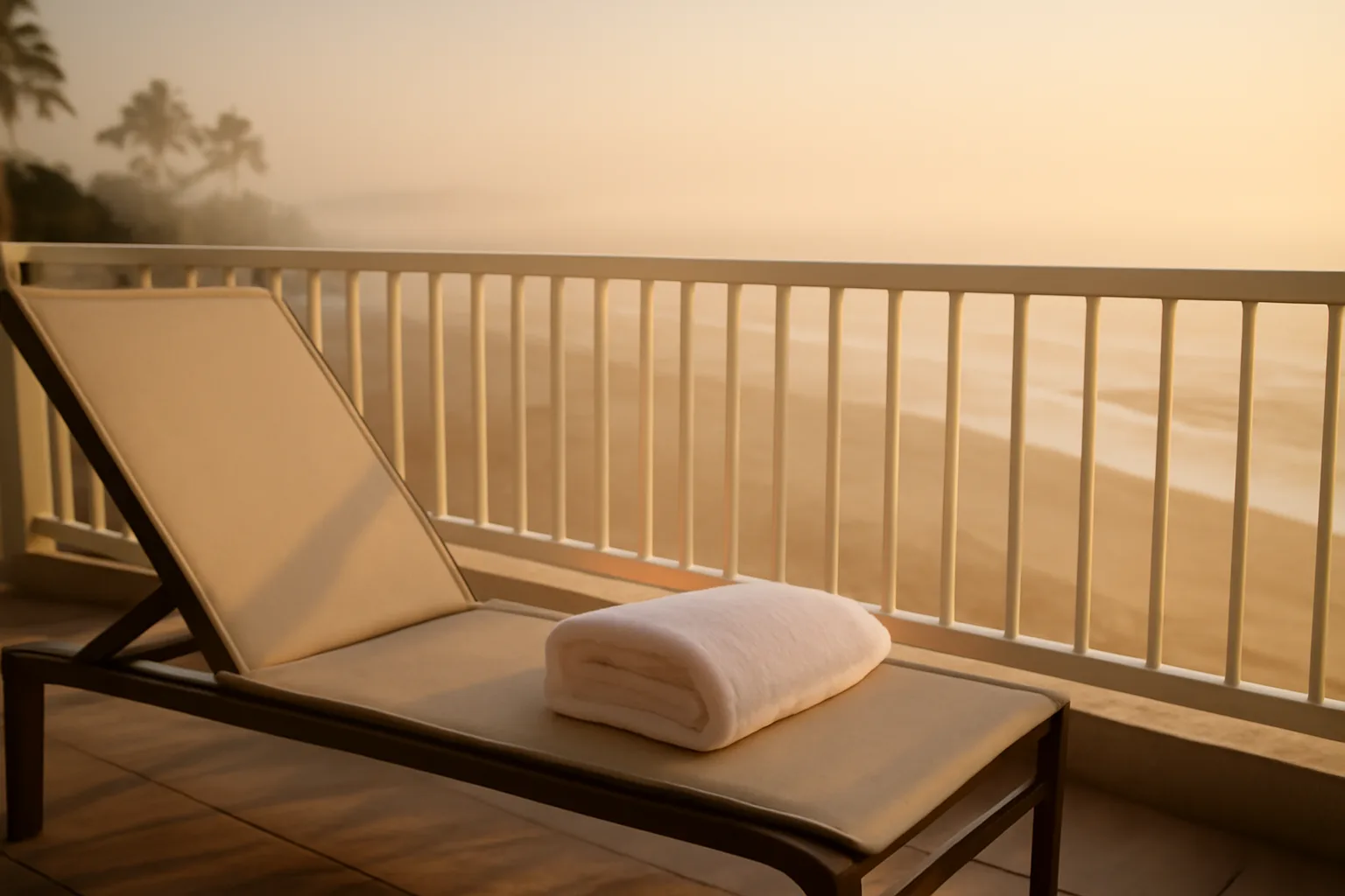 Empty resort balcony overlooking the ocean at sunrise, evoking a timeshare property
