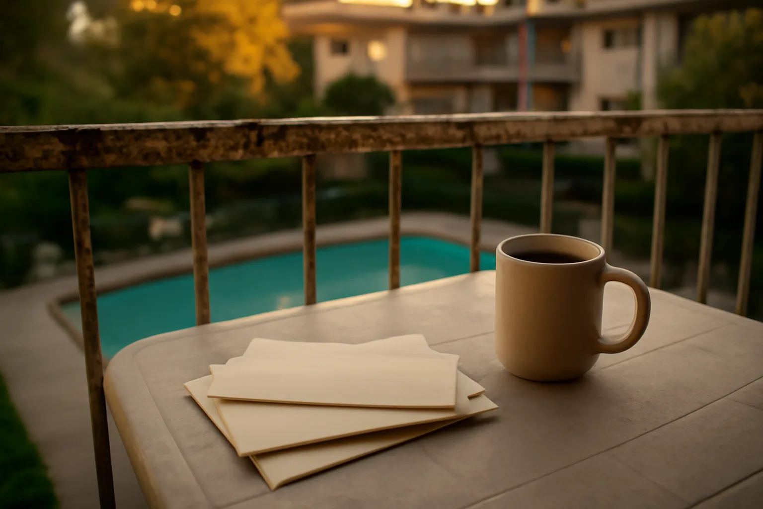 Condo balcony at a timeshare resort with mail and coffee mug at dusk