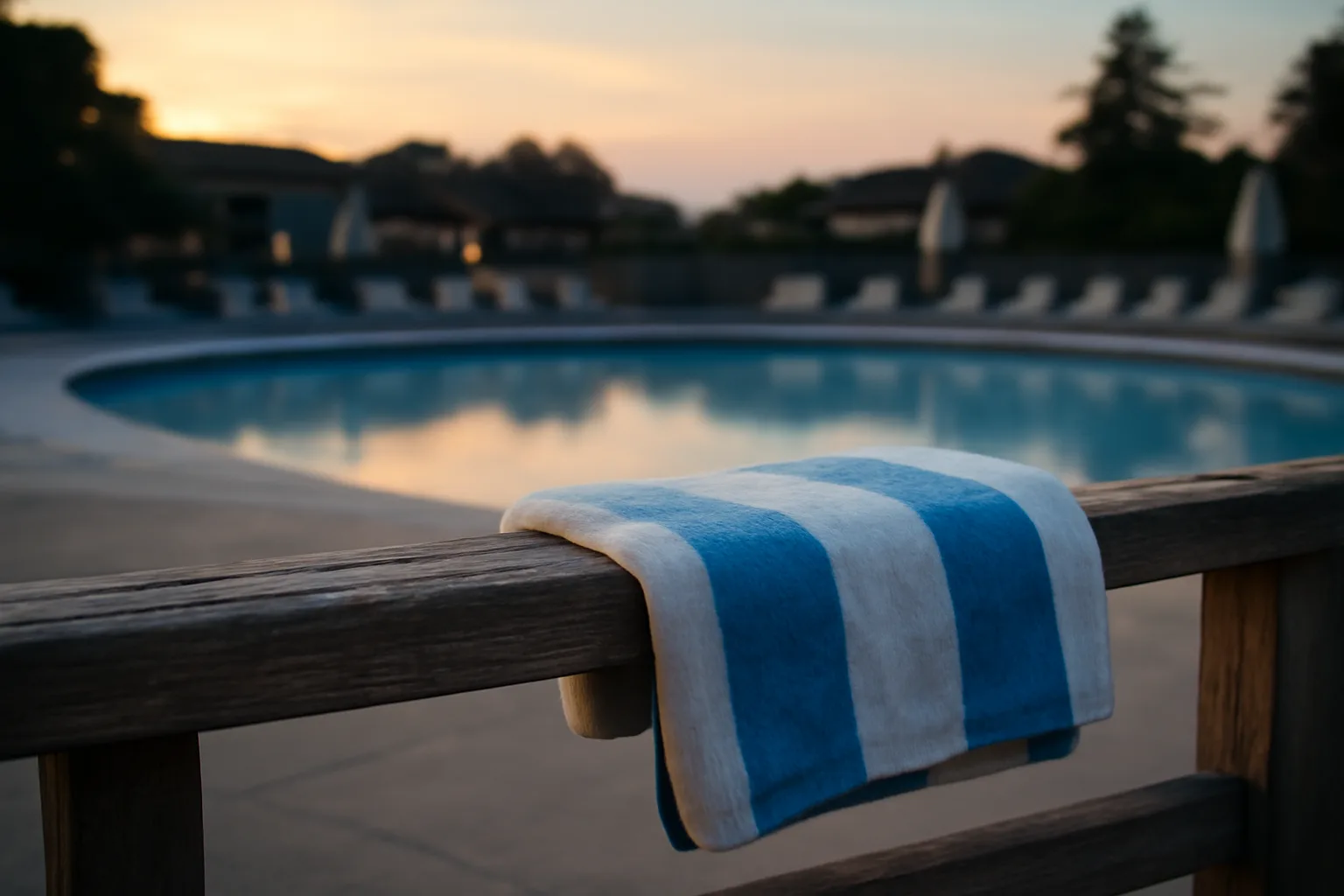 Empty off-season resort pool at dusk, symbolizing the stuck feeling of leaving a timeshare