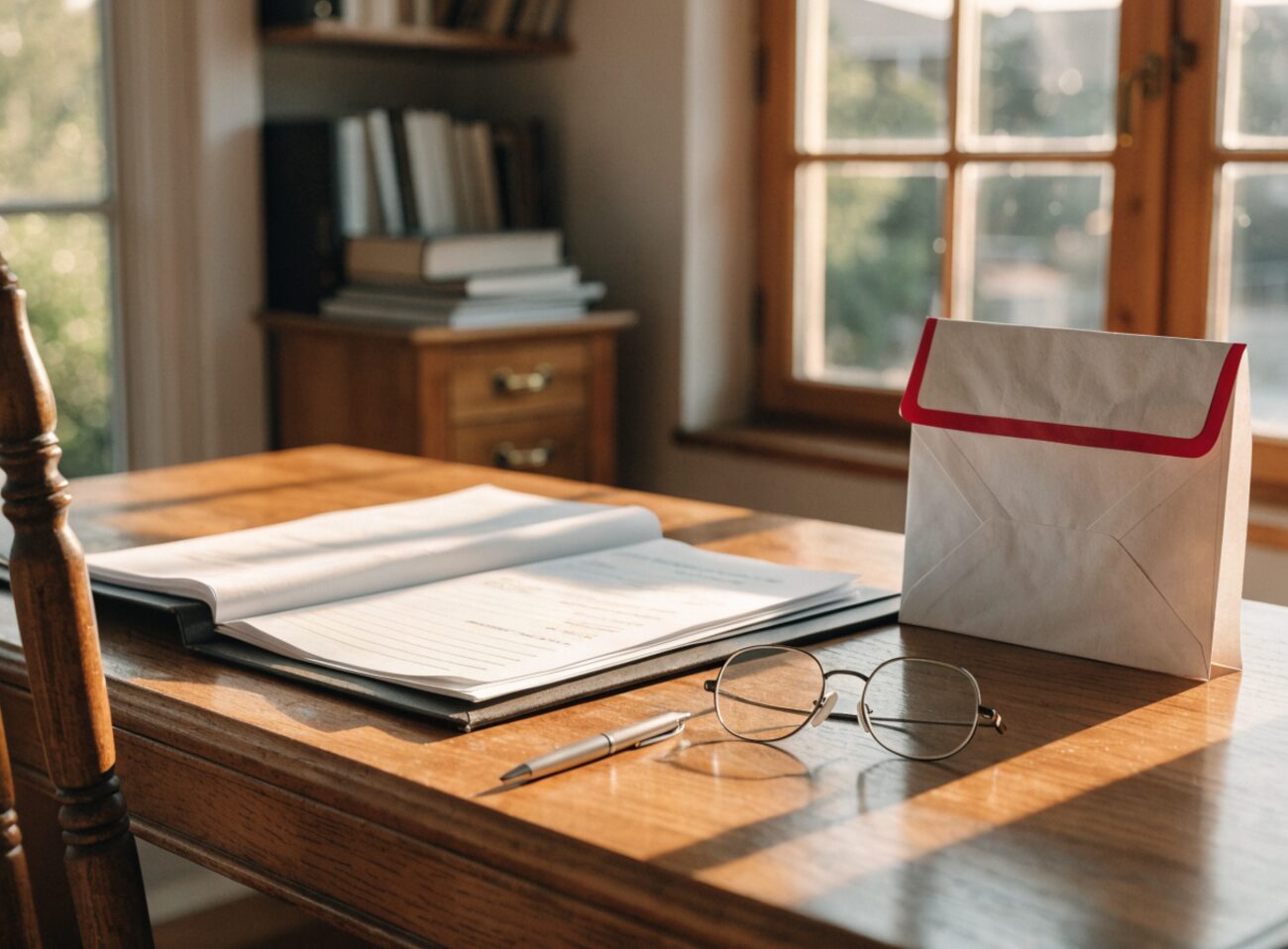 A tidy home desk in warm light with an organized folder of documents, reading glasses, a pen, and a sealed envelope ready to mail