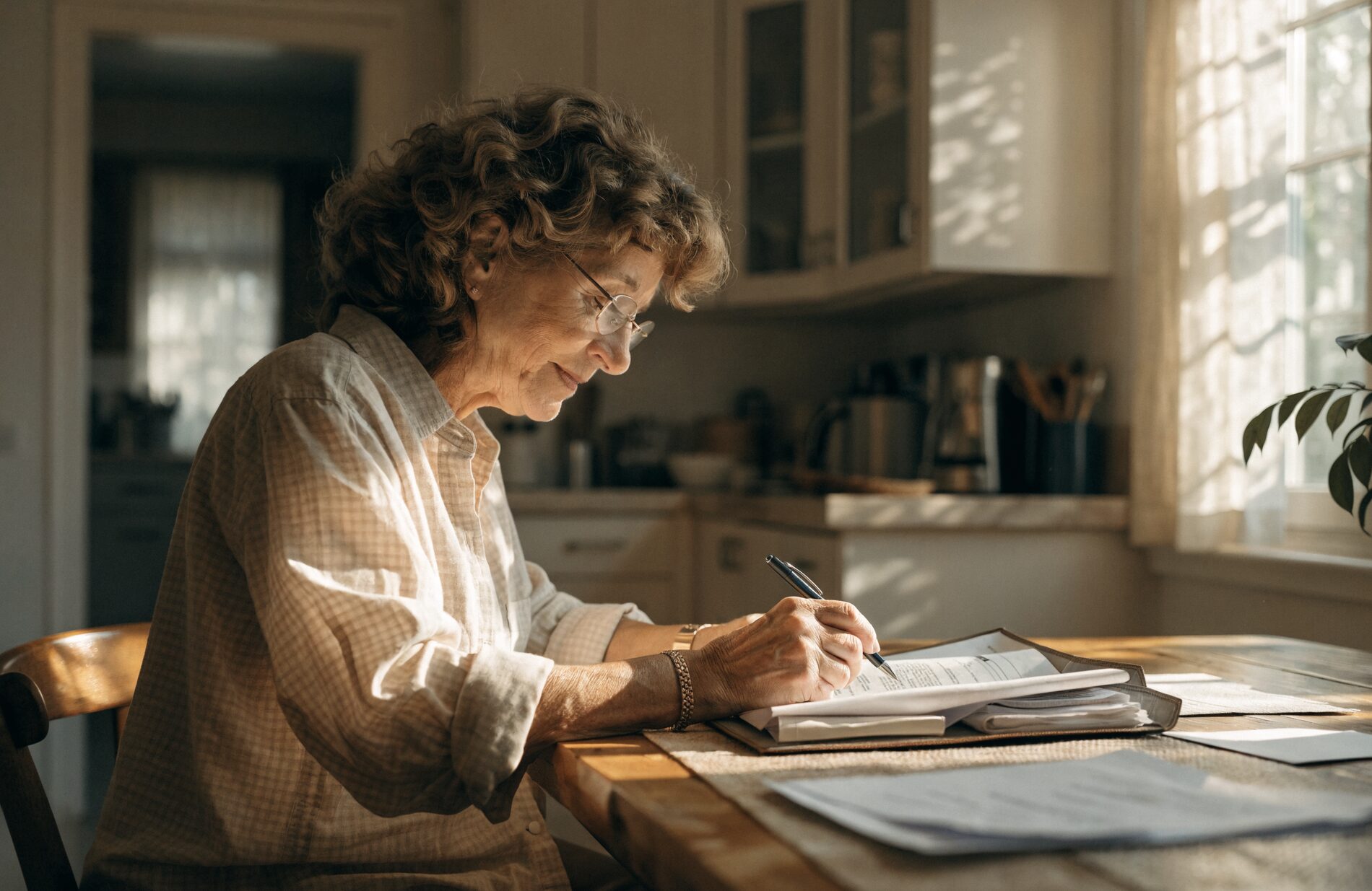 A timeshare owner at a sunlit kitchen table, reading glasses on, reviewing their own contract and paperwork with a pen in hand
